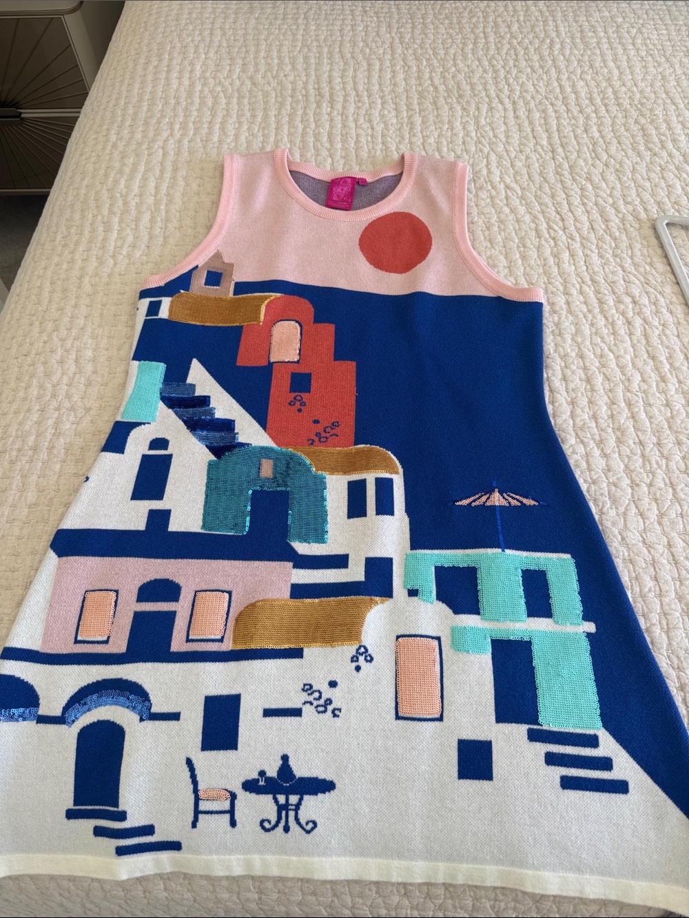 QUEEN OF SPARKLES Sleeveless Midi Dress in Navy, Pink & Teal Mediterranean Motif